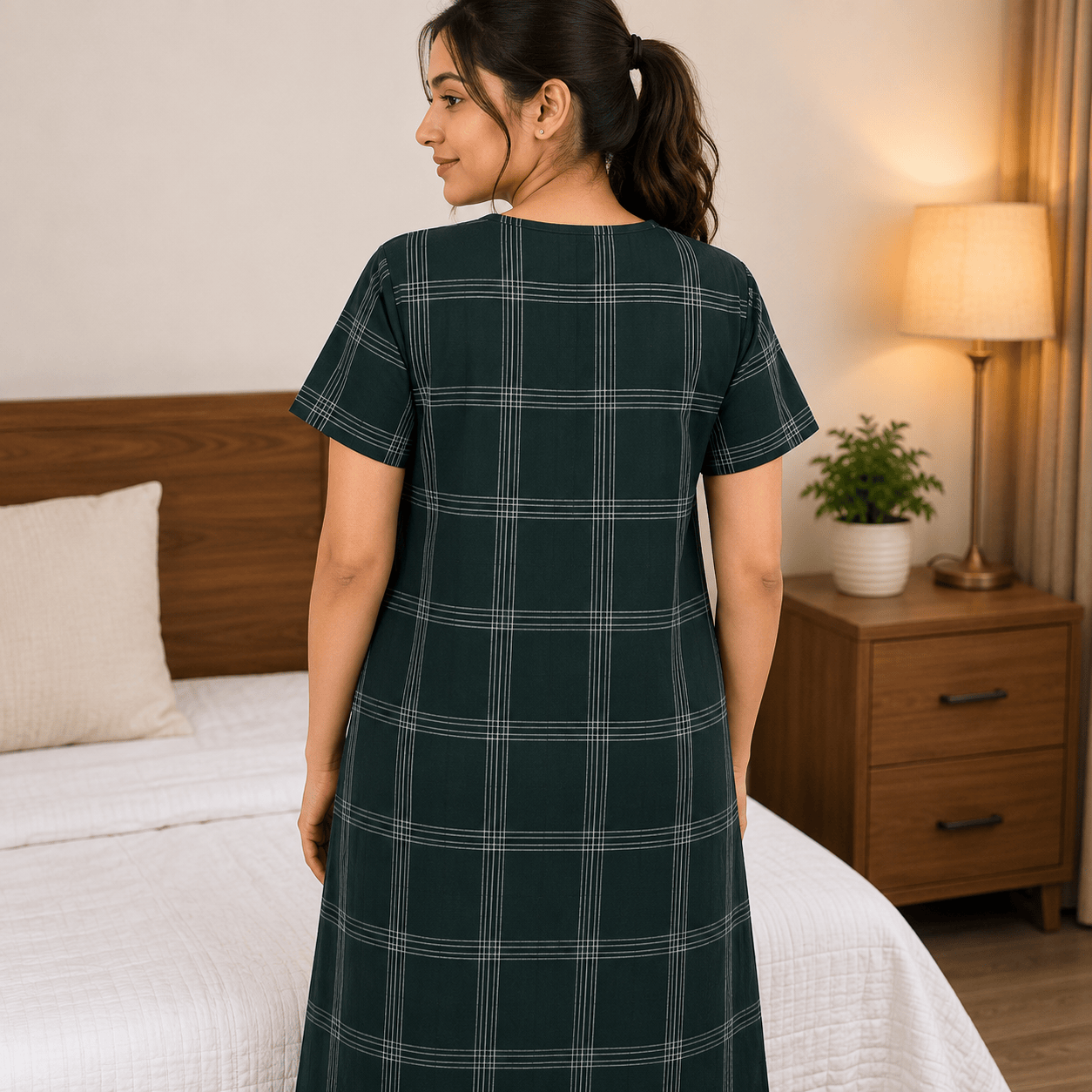 Veni's Cotton Checked Front Zip Nighty for Women – Dark Green | Soft Cotton Nightwear OneZeros
