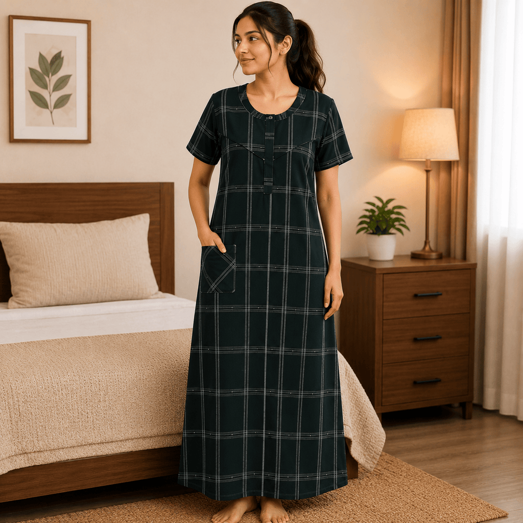 Veni's Cotton Checked Nighty for Women – Black | Soft, Breathable & Comfortable Daily Wear OneZeros