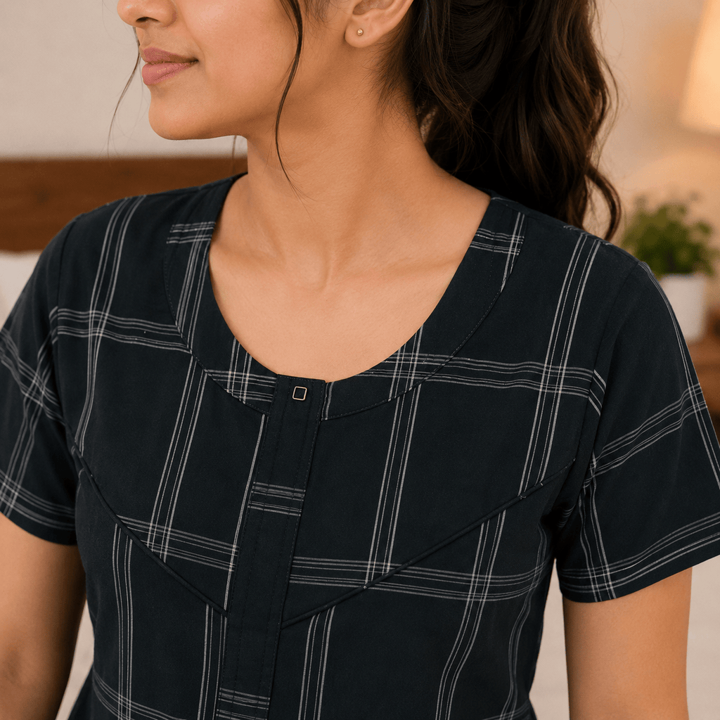 Veni's Cotton Checked Nighty for Women – Black | Soft, Breathable & Comfortable Daily Wear OneZeros