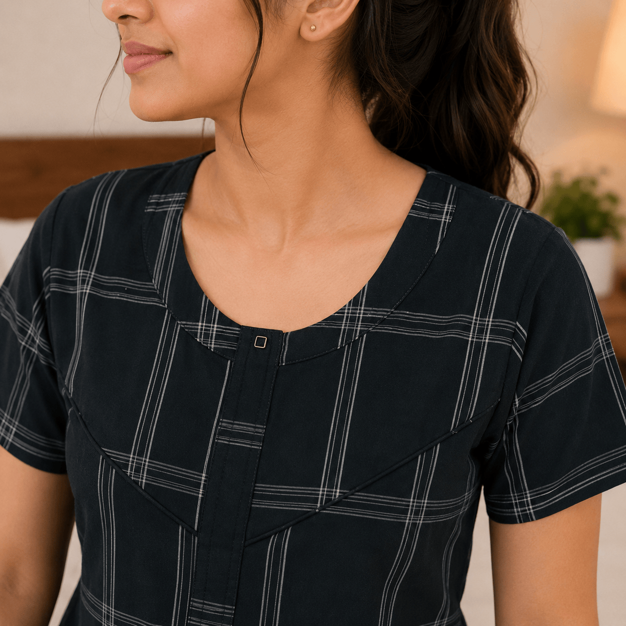 Veni's Cotton Checked Nighty for Women – Black | Soft, Breathable & Comfortable Daily Wear OneZeros