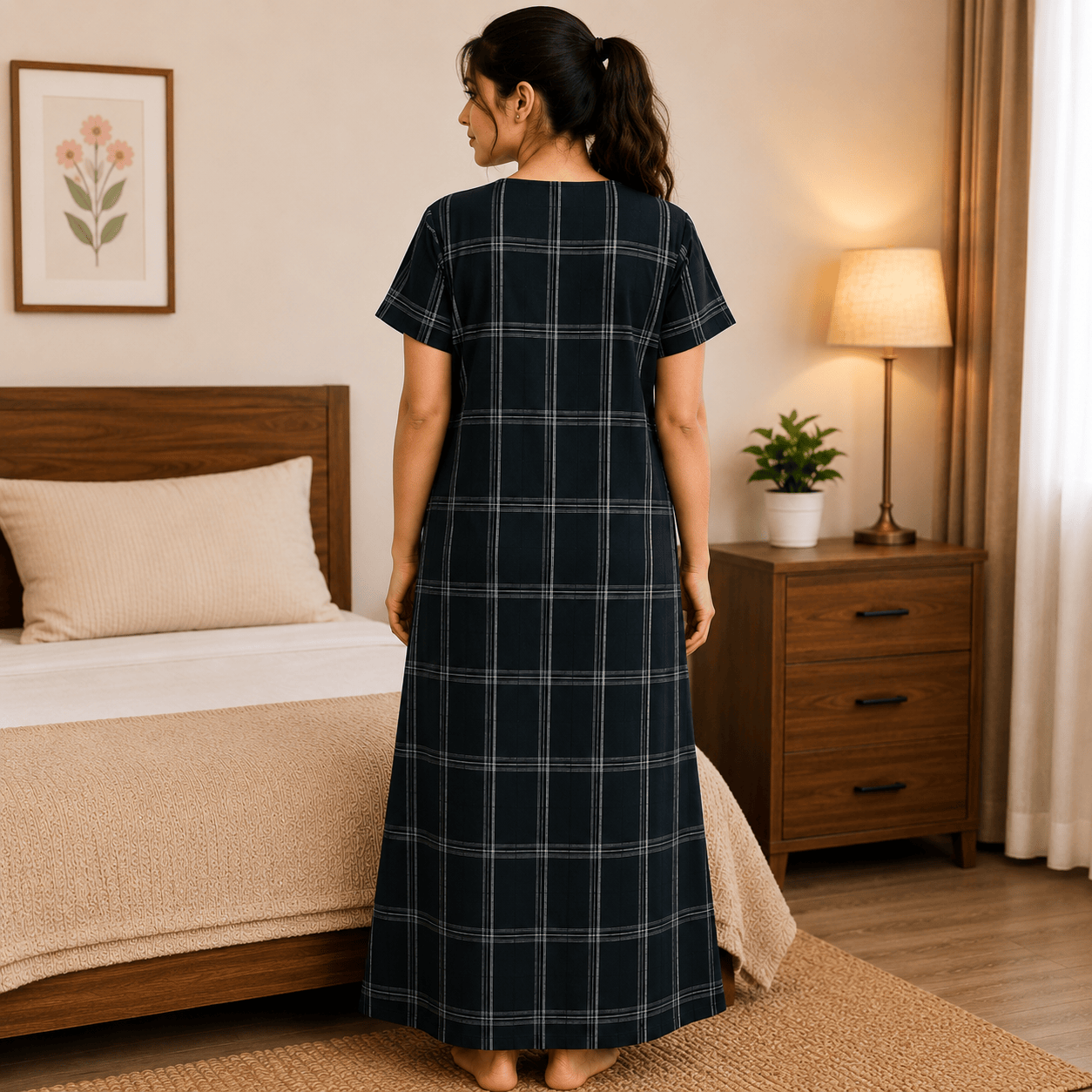 Veni's Cotton Checked Nighty for Women – Black | Soft, Breathable & Comfortable Daily Wear OneZeros