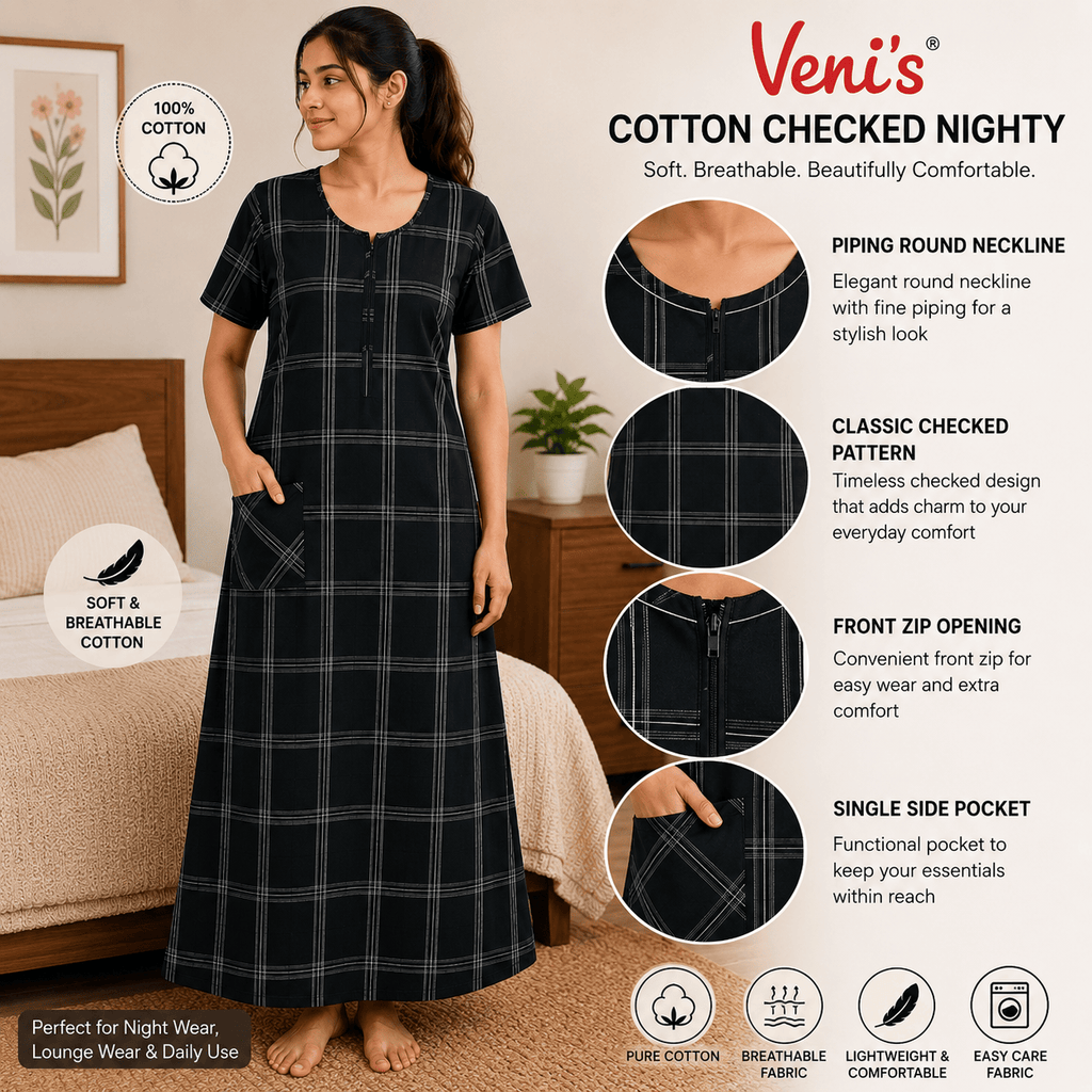 Veni's Cotton Checked Nighty for Women – Black | Soft, Breathable & Comfortable Daily Wear OneZeros