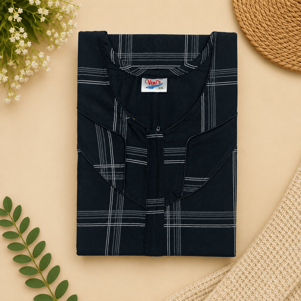 Veni's Cotton Checked Nighty for Women – Black | Soft, Breathable & Comfortable Daily Wear XL OneZeros