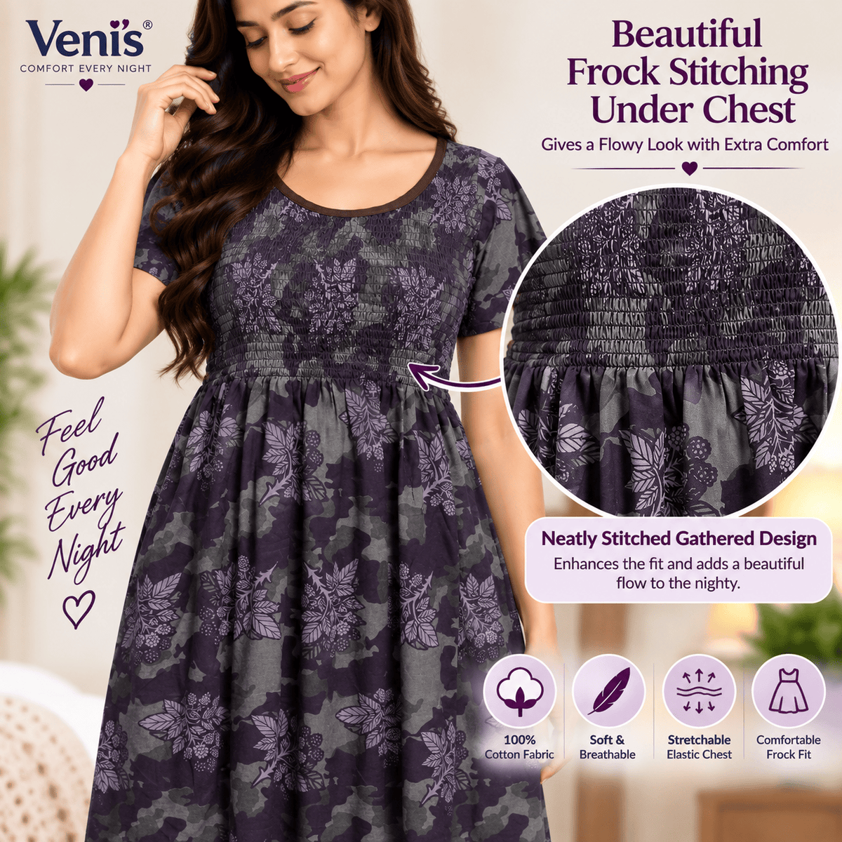 Veni's Cotton Floral Frock Nighty for Women – Stretchable Elastic Chest Free Size OneZeros