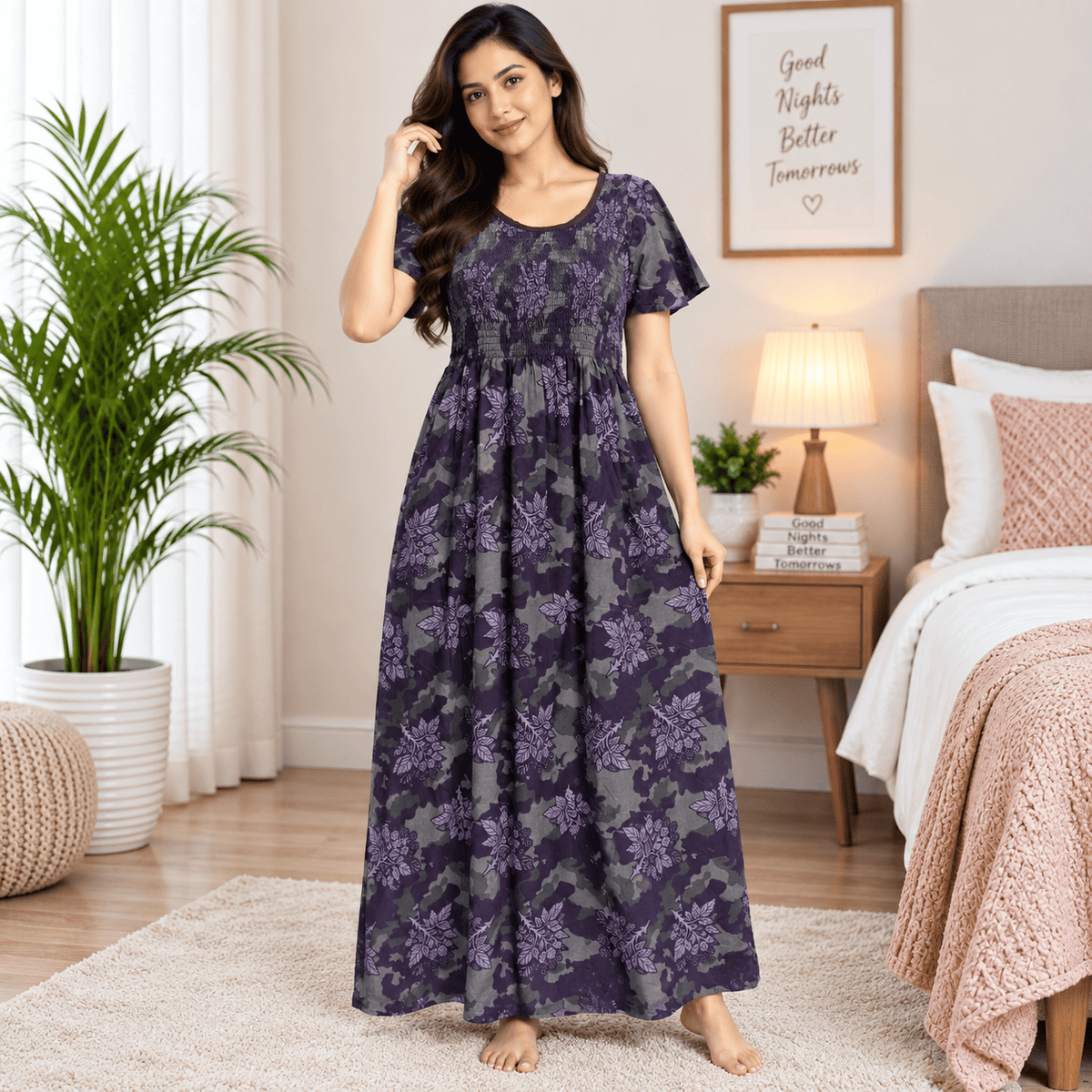 Veni's Cotton Floral Frock Nighty for Women – Stretchable Elastic Chest Free Size OneZeros