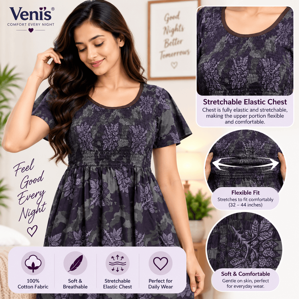 Veni's Cotton Floral Frock Nighty for Women – Stretchable Elastic Chest Free Size OneZeros