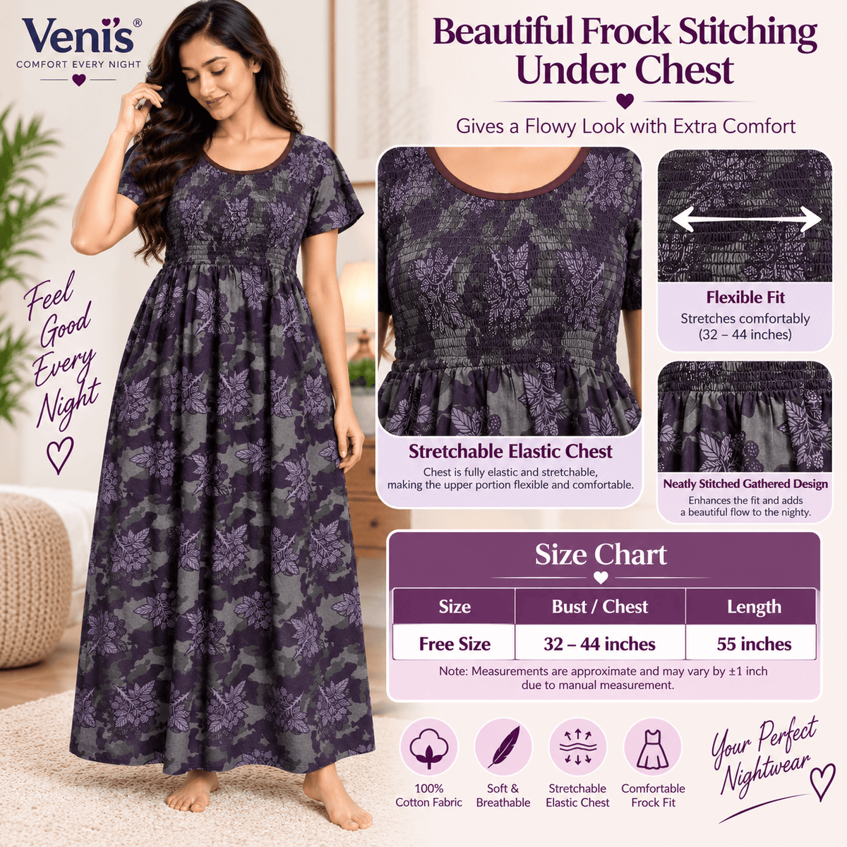 Veni's Cotton Floral Frock Nighty for Women – Stretchable Elastic Chest Free Size OneZeros