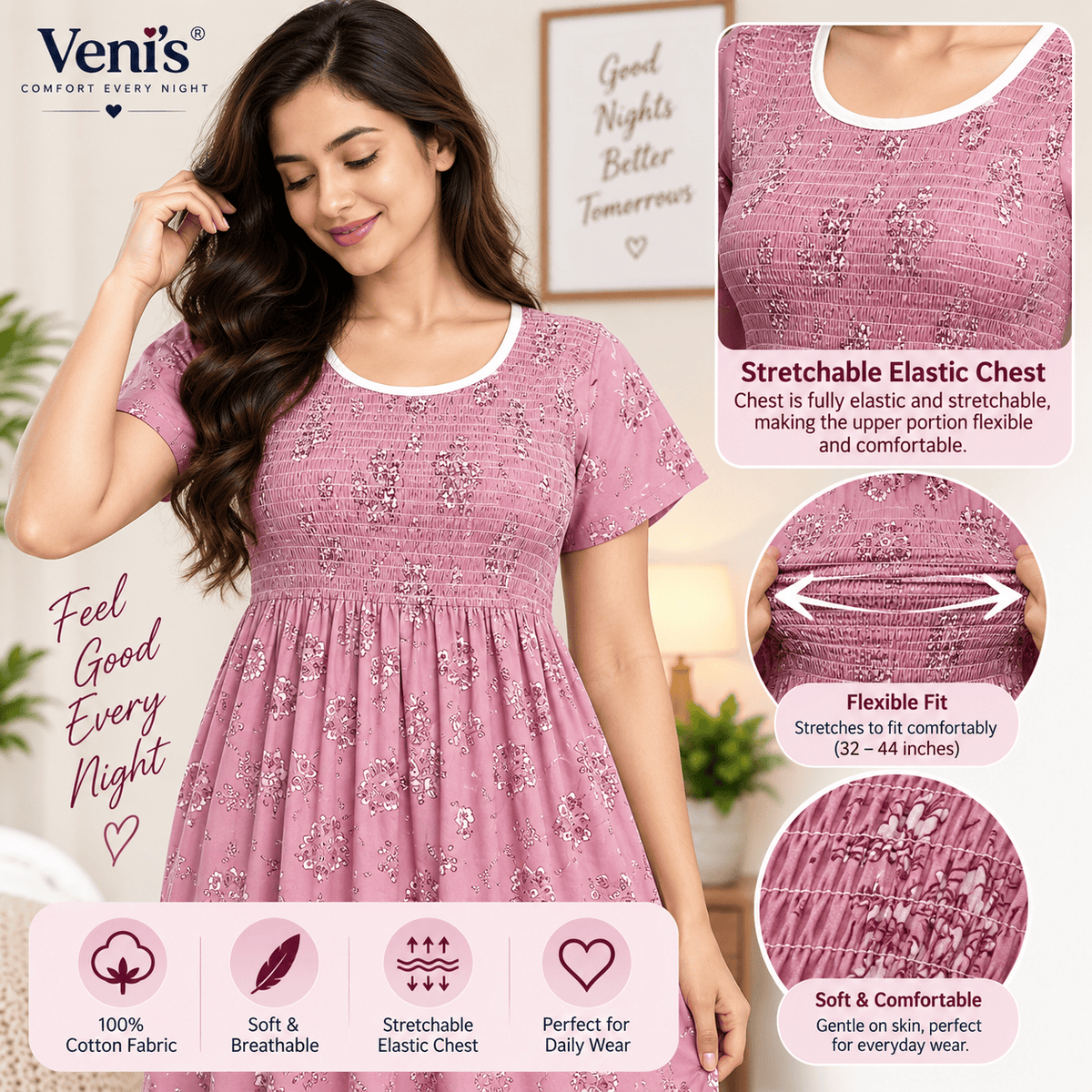 Veni’s Cotton Floral Frock Nighty for Women – Stretchable Elastic Chest Free Size OneZeros