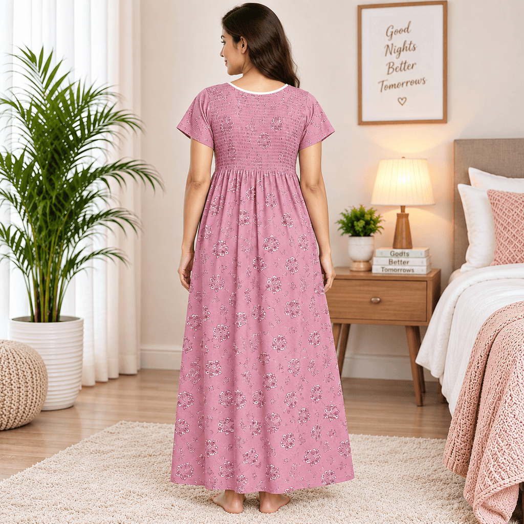 Veni’s Cotton Floral Frock Nighty for Women – Stretchable Elastic Chest Free Size OneZeros