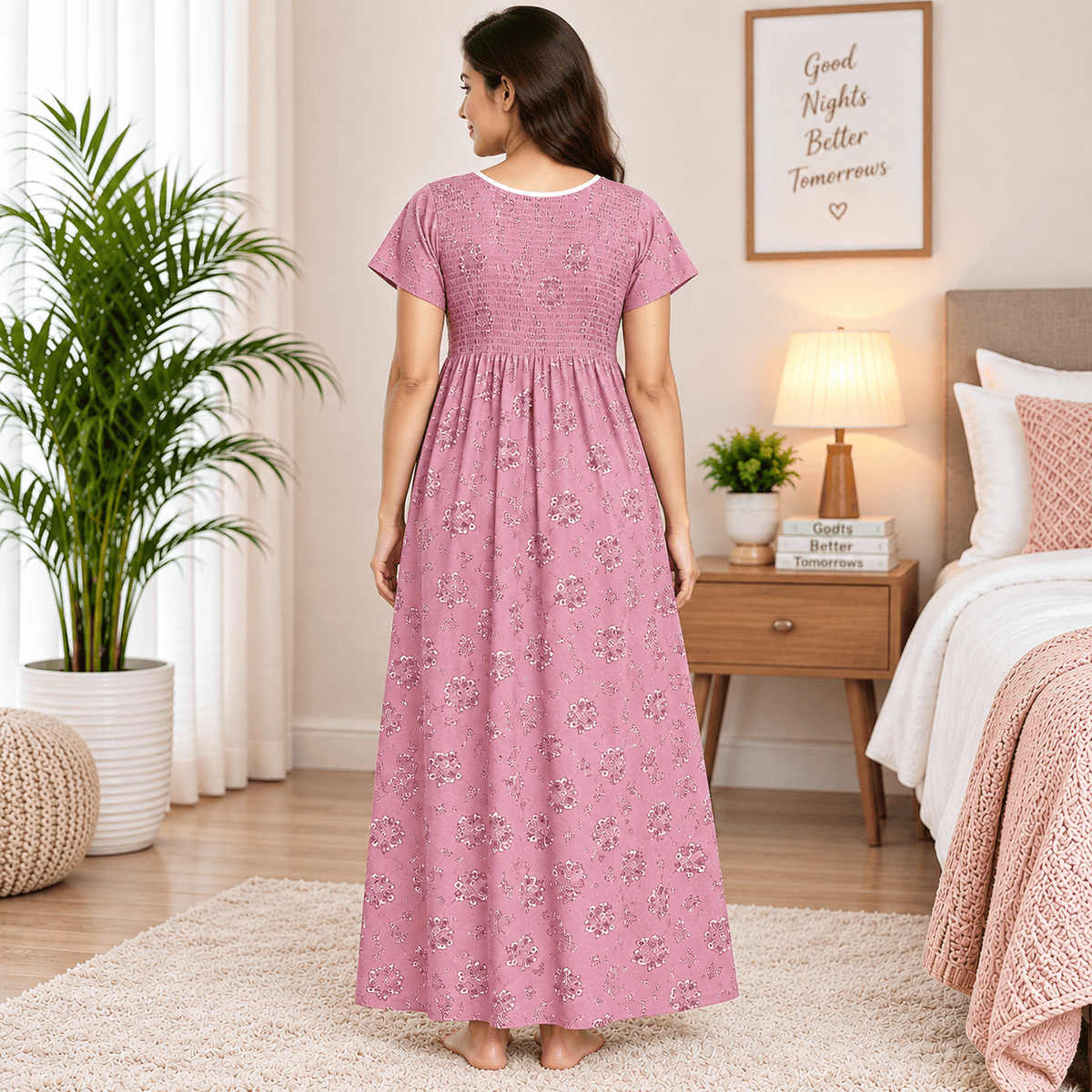 Veni’s Cotton Floral Frock Nighty for Women – Stretchable Elastic Chest Free Size OneZeros