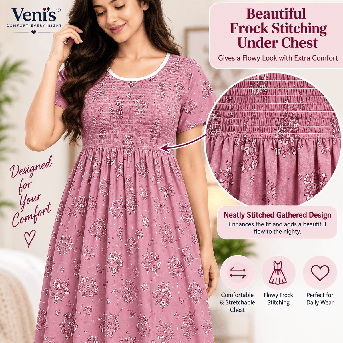 Veni’s Cotton Floral Frock Nighty for Women – Stretchable Elastic Chest Free Size OneZeros