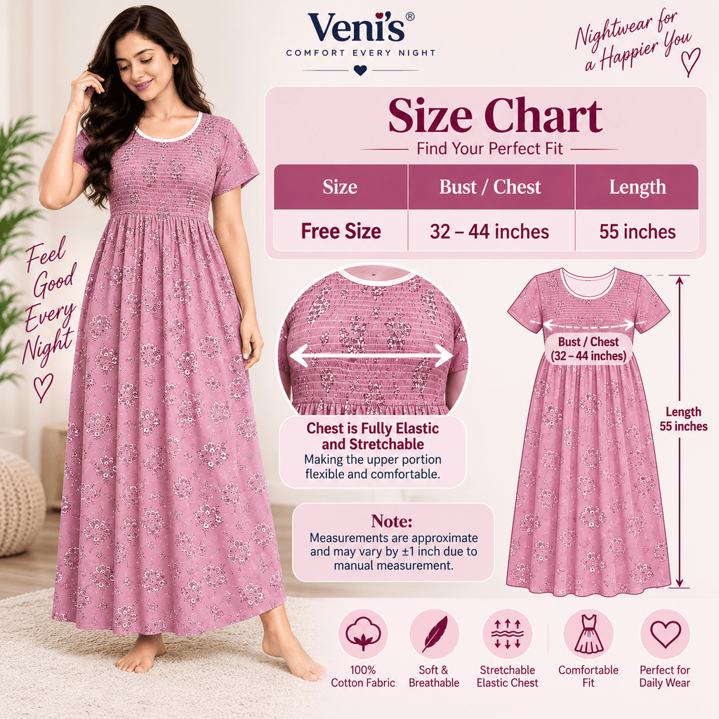 Veni’s Cotton Floral Frock Nighty for Women – Stretchable Elastic Chest Free Size OneZeros
