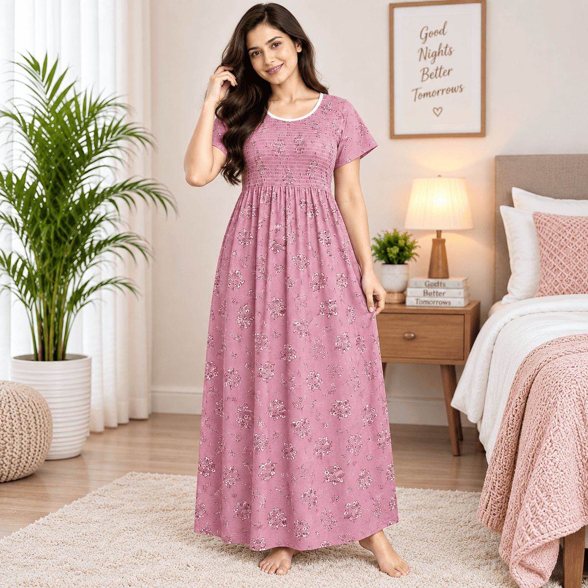 Veni’s Cotton Floral Frock Nighty for Women – Stretchable Elastic Chest Free Size OneZeros
