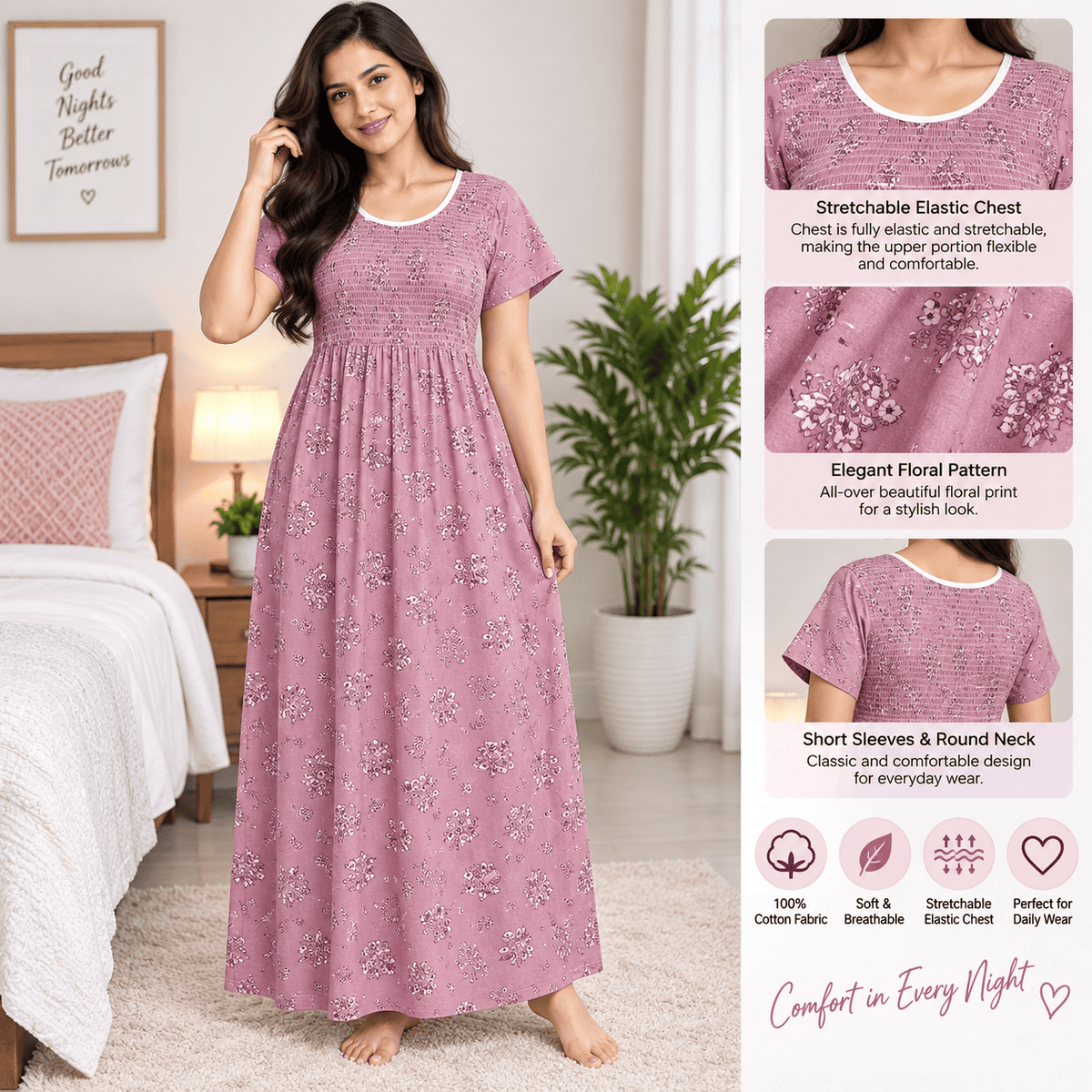 Veni’s Cotton Floral Frock Nighty for Women – Stretchable Elastic Chest Free Size OneZeros