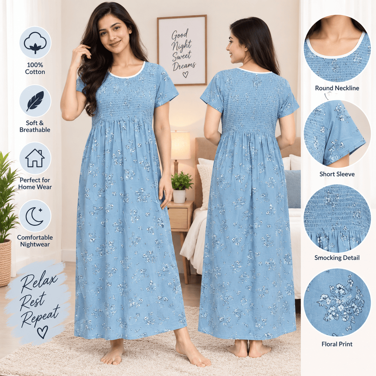 Veni’s Cotton Floral Nighty for Women – Stretchable Elastic Chest Free Size OneZeros