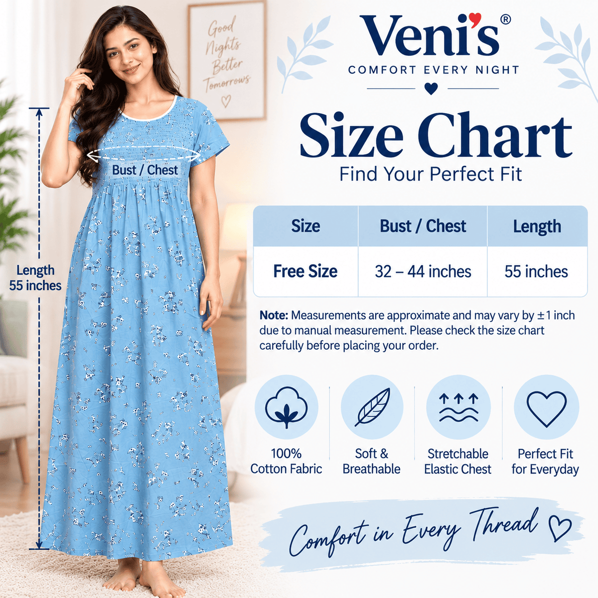 Veni’s Cotton Floral Nighty for Women – Stretchable Elastic Chest Free Size OneZeros