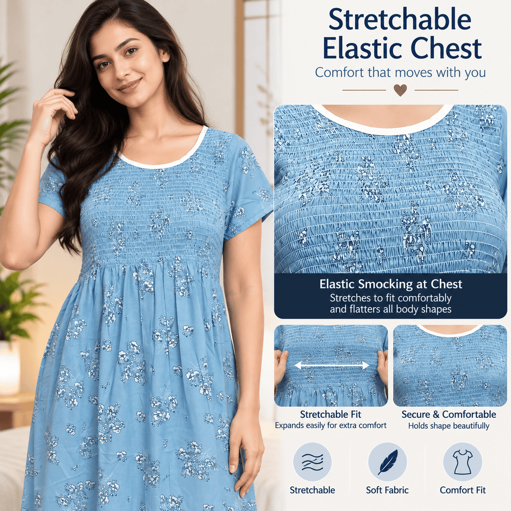Veni’s Cotton Floral Nighty for Women – Stretchable Elastic Chest Free Size OneZeros