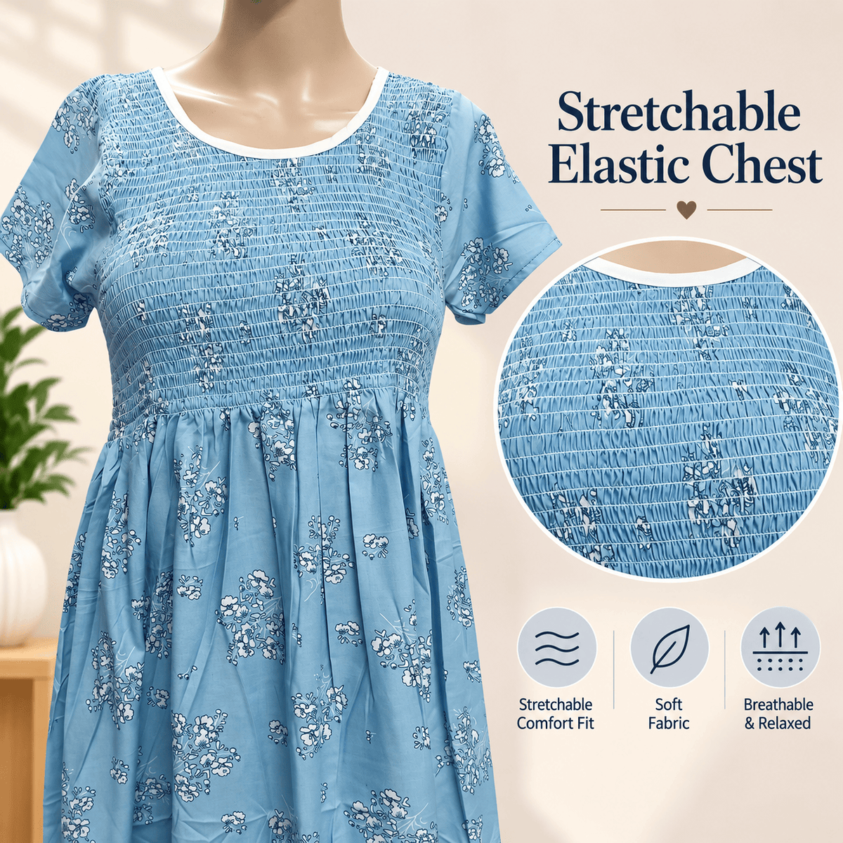 Veni’s Cotton Floral Nighty for Women – Stretchable Elastic Chest Free Size OneZeros