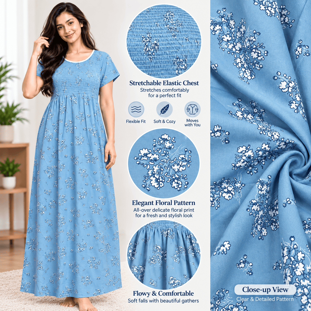Veni’s Cotton Floral Nighty for Women – Stretchable Elastic Chest Free Size OneZeros