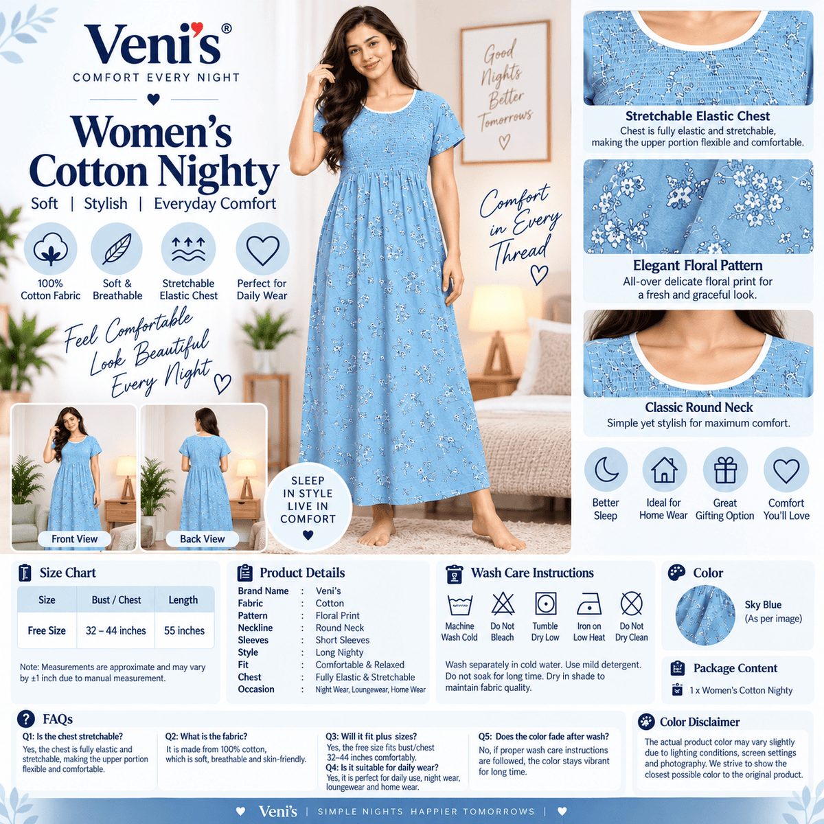 Veni’s Cotton Floral Nighty for Women – Stretchable Elastic Chest Free Size OneZeros