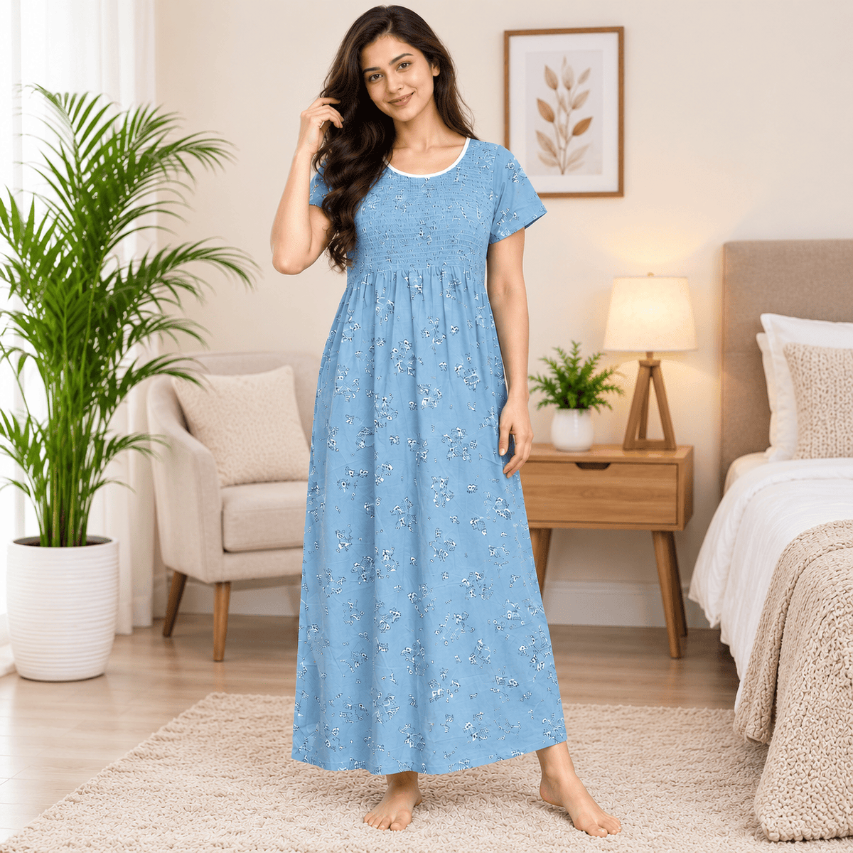 Veni’s Cotton Floral Nighty for Women – Stretchable Elastic Chest Free Size OneZeros