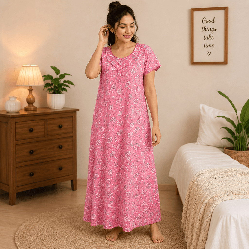 Veni's Cotton Floral Printed Pink Nighty for Women – Soft & Breathable Daily Wear Nightgown XXL OneZeros