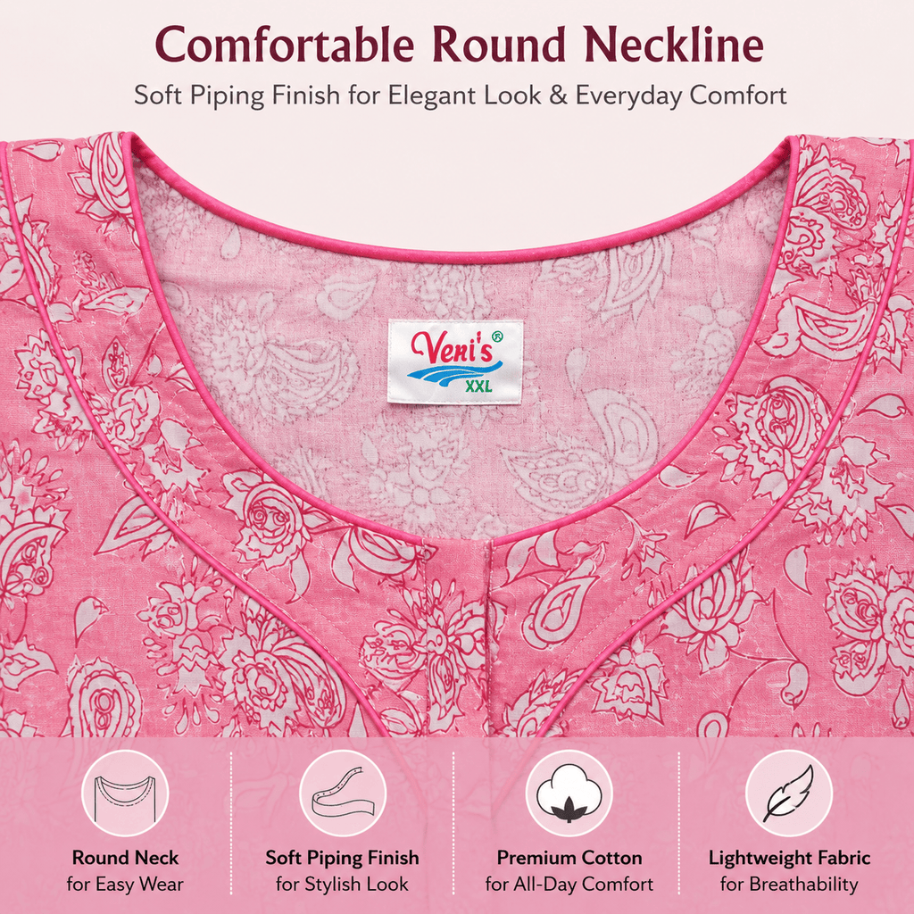 Veni's Cotton Floral Printed Pink Nighty for Women – Soft & Breathable Daily Wear Nightgown XXL OneZeros