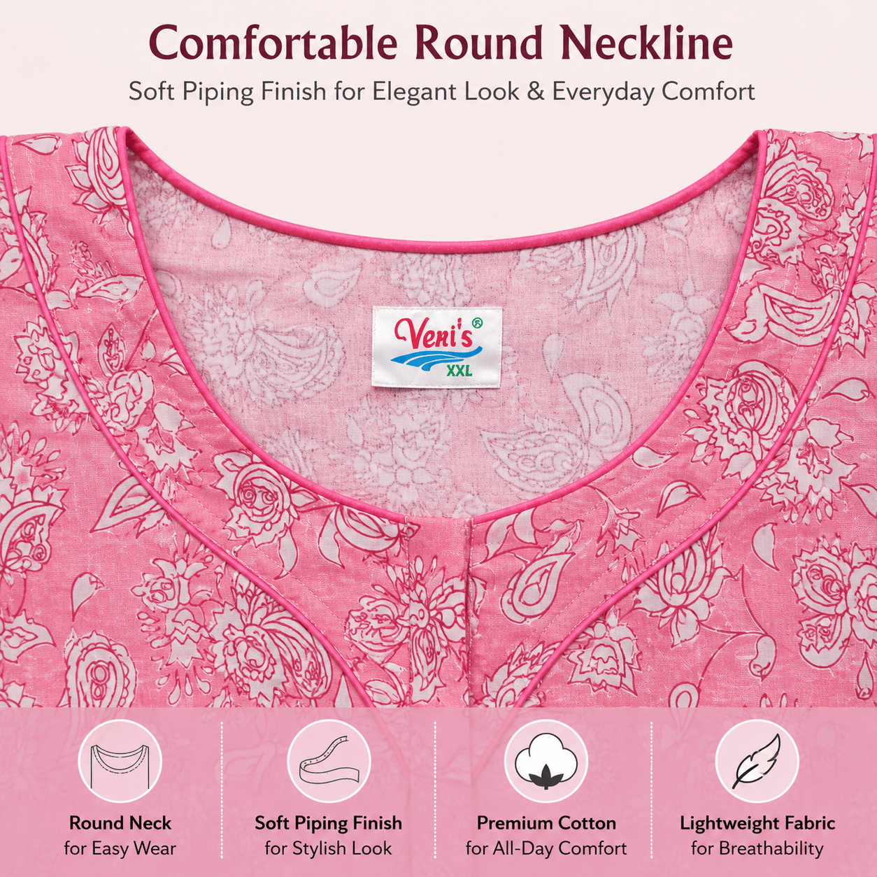 Veni's Cotton Floral Printed Pink Nighty for Women – Soft & Breathable Daily Wear Nightgown XXL OneZeros