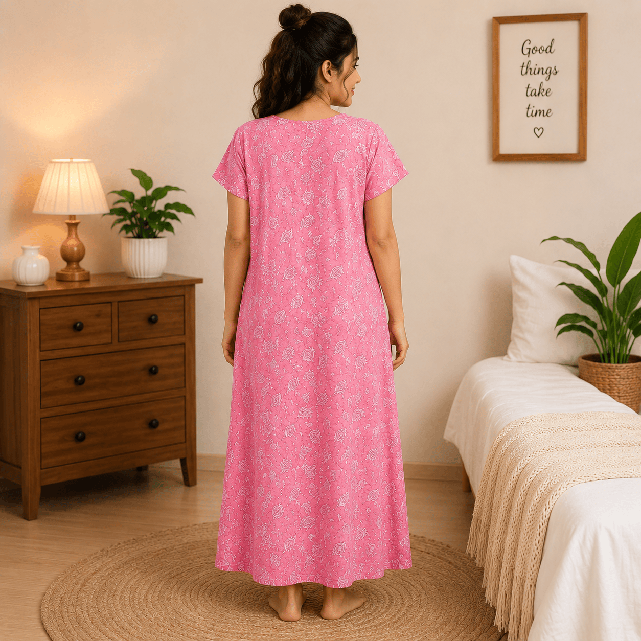 Veni's Cotton Floral Printed Pink Nighty for Women – Soft & Breathable Daily Wear Nightgown XXL OneZeros