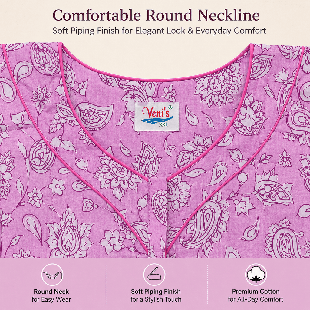 Veni's Cotton Floral Printed Pink Nighty for Women – Soft & Breathable Daily Wear XXL OneZeros