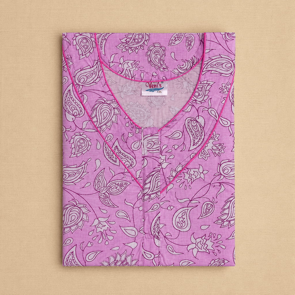 Veni's Cotton Floral Printed Pink Nighty for Women – Soft & Breathable Daily Wear XXL OneZeros