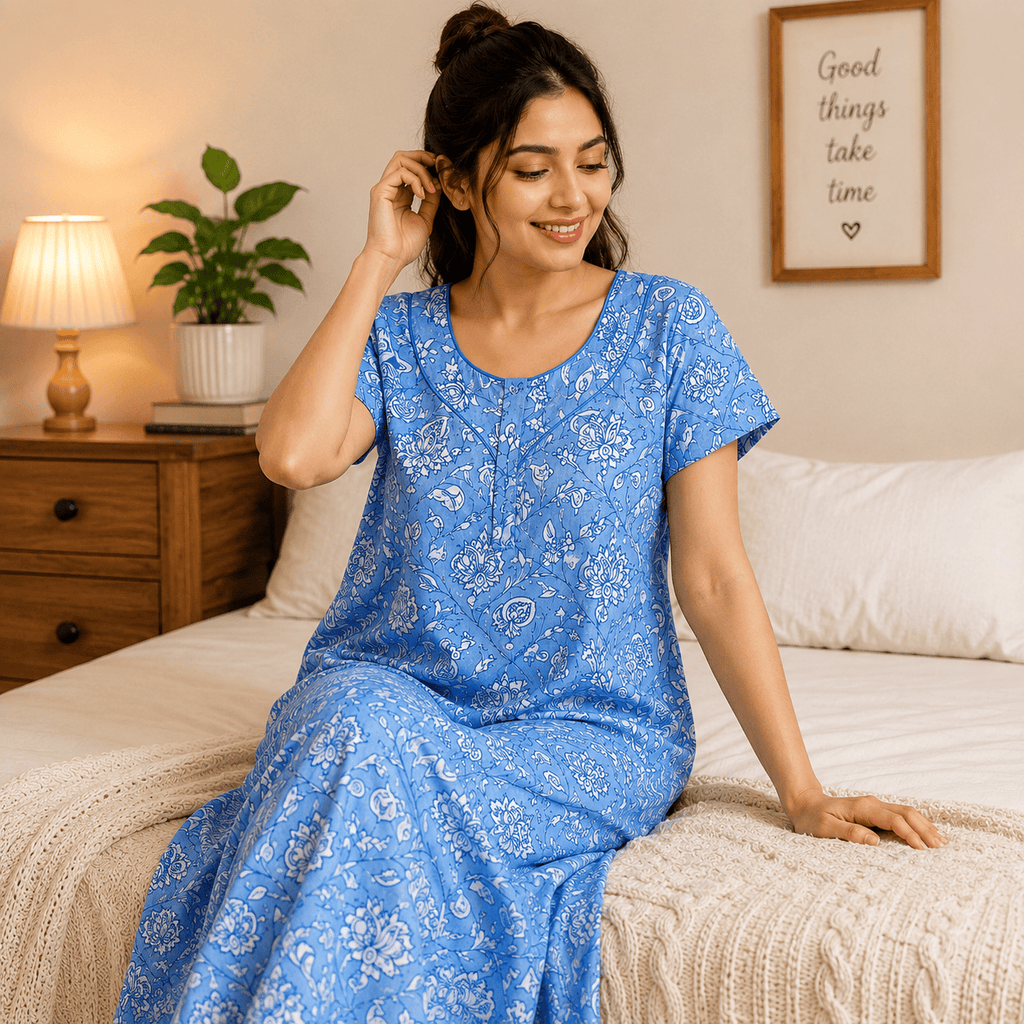 Veni's Cotton Floral Printed Sky Blue Nighty for Women – Soft & Breathable Daily Wear XXL OneZeros