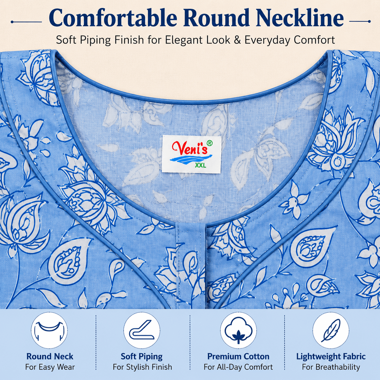 Veni's Cotton Floral Printed Sky Blue Nighty for Women – Soft & Breathable Daily Wear XXL OneZeros