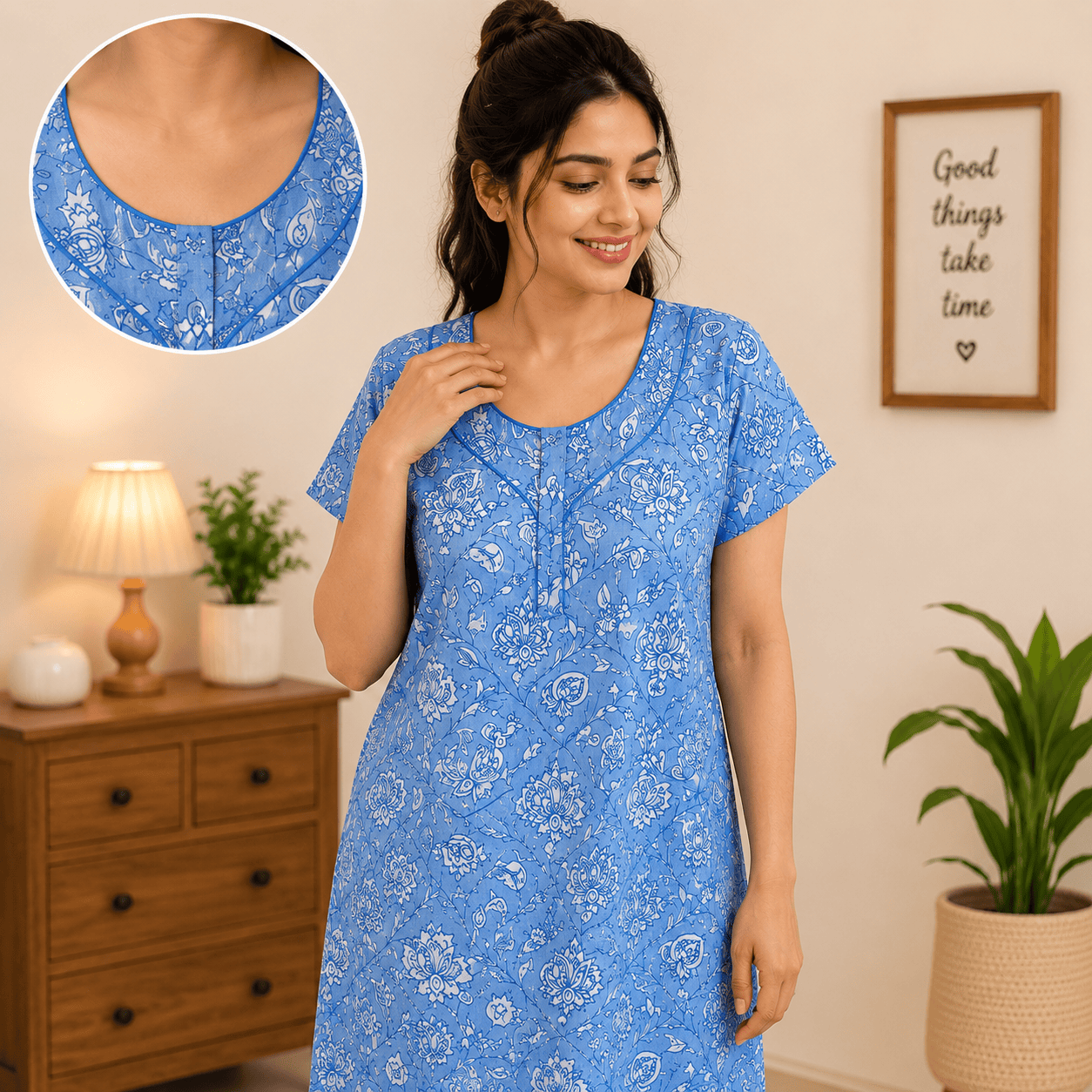 Veni's Cotton Floral Printed Sky Blue Nighty for Women – Soft & Breathable Daily Wear XXL OneZeros