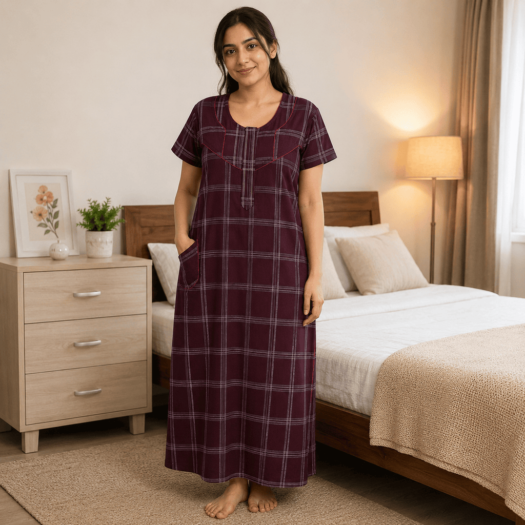 Veni's Maroon Cotton Checked Nighty for Women | Soft & Comfortable Daily Wear Night Gown OneZeros