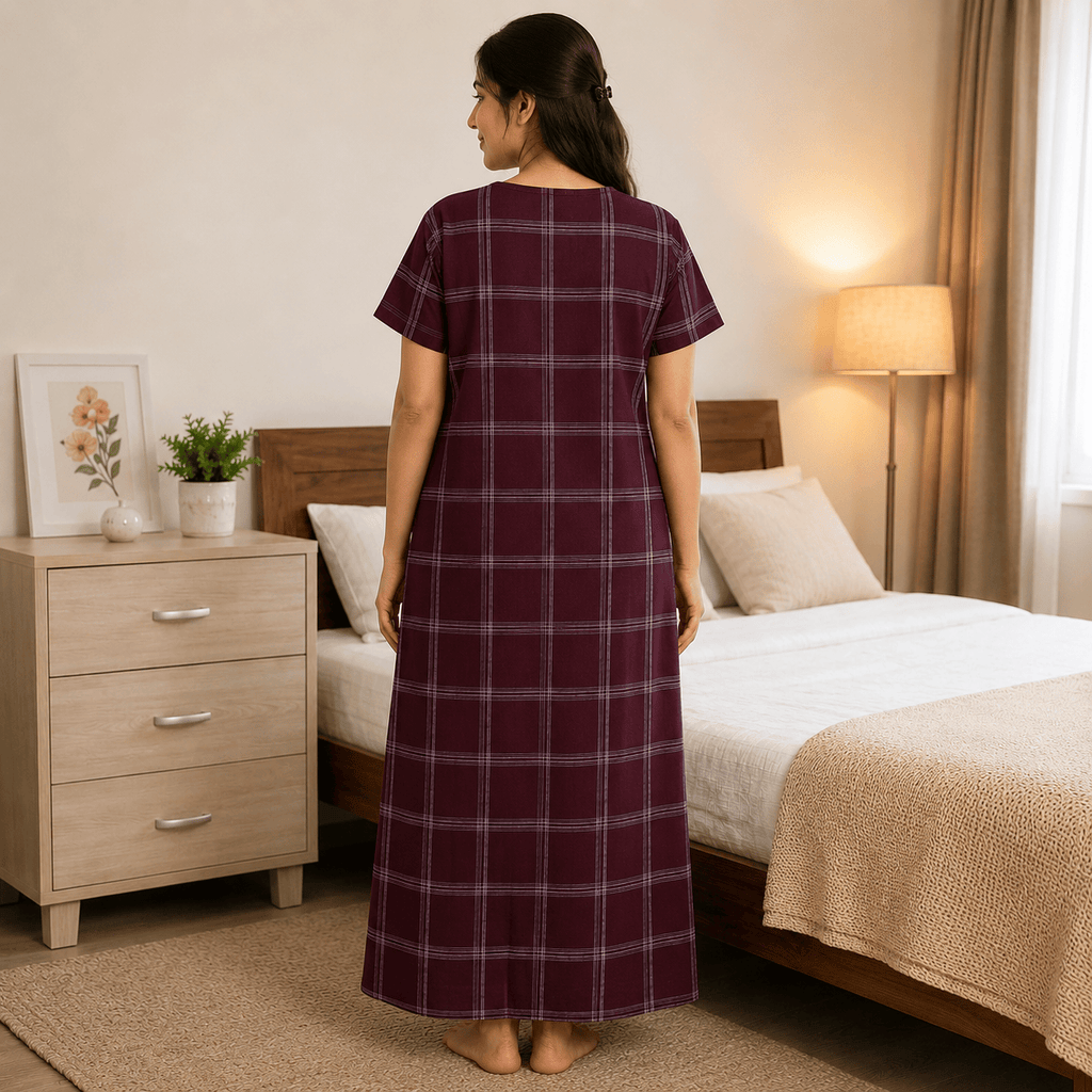 Veni's Maroon Cotton Checked Nighty for Women | Soft & Comfortable Daily Wear Night Gown OneZeros