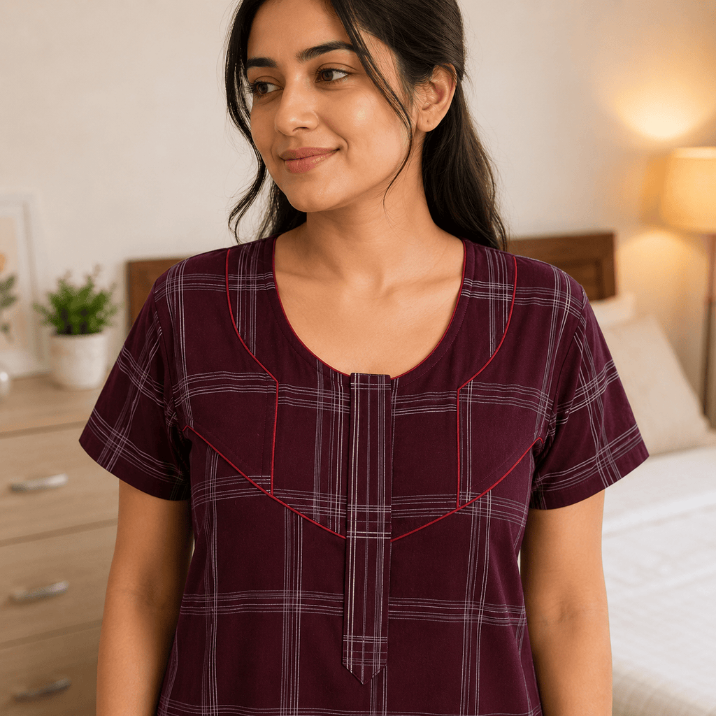 Veni's Maroon Cotton Checked Nighty for Women | Soft & Comfortable Daily Wear Night Gown OneZeros