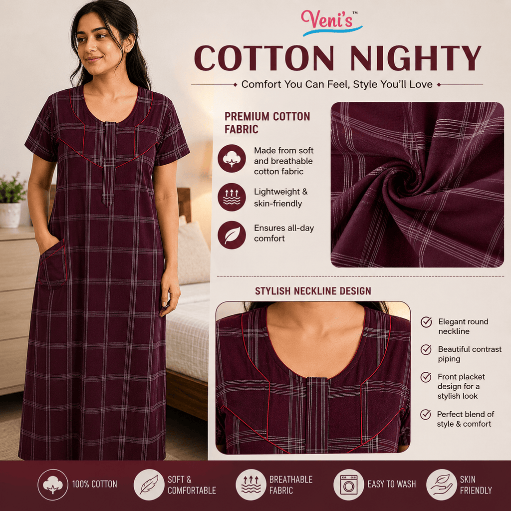 Veni's Maroon Cotton Checked Nighty for Women | Soft & Comfortable Daily Wear Night Gown OneZeros
