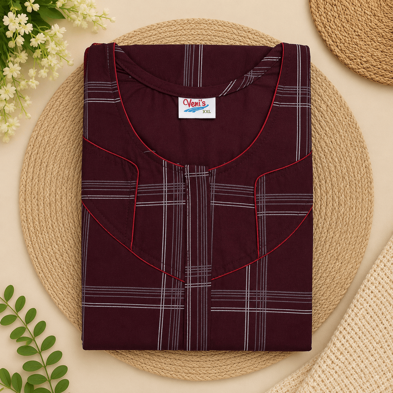 Veni's Maroon Cotton Checked Nighty for Women | Soft & Comfortable Daily Wear Night Gown XXL OneZeros