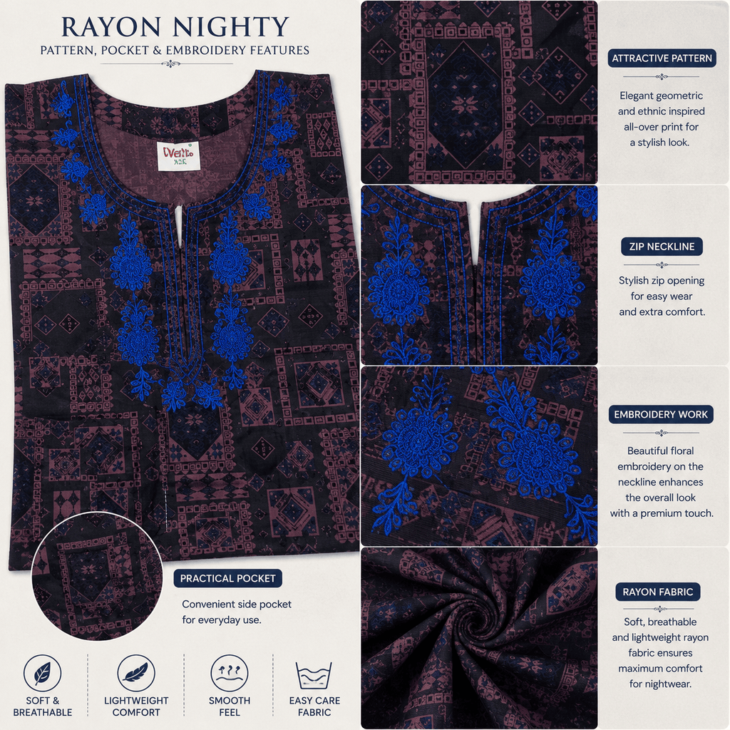 Veni's Rayon Floral Embroidered Front Zip Nighty for Women – Soft & Comfortable XXL Sleepwear XXL OneZeros