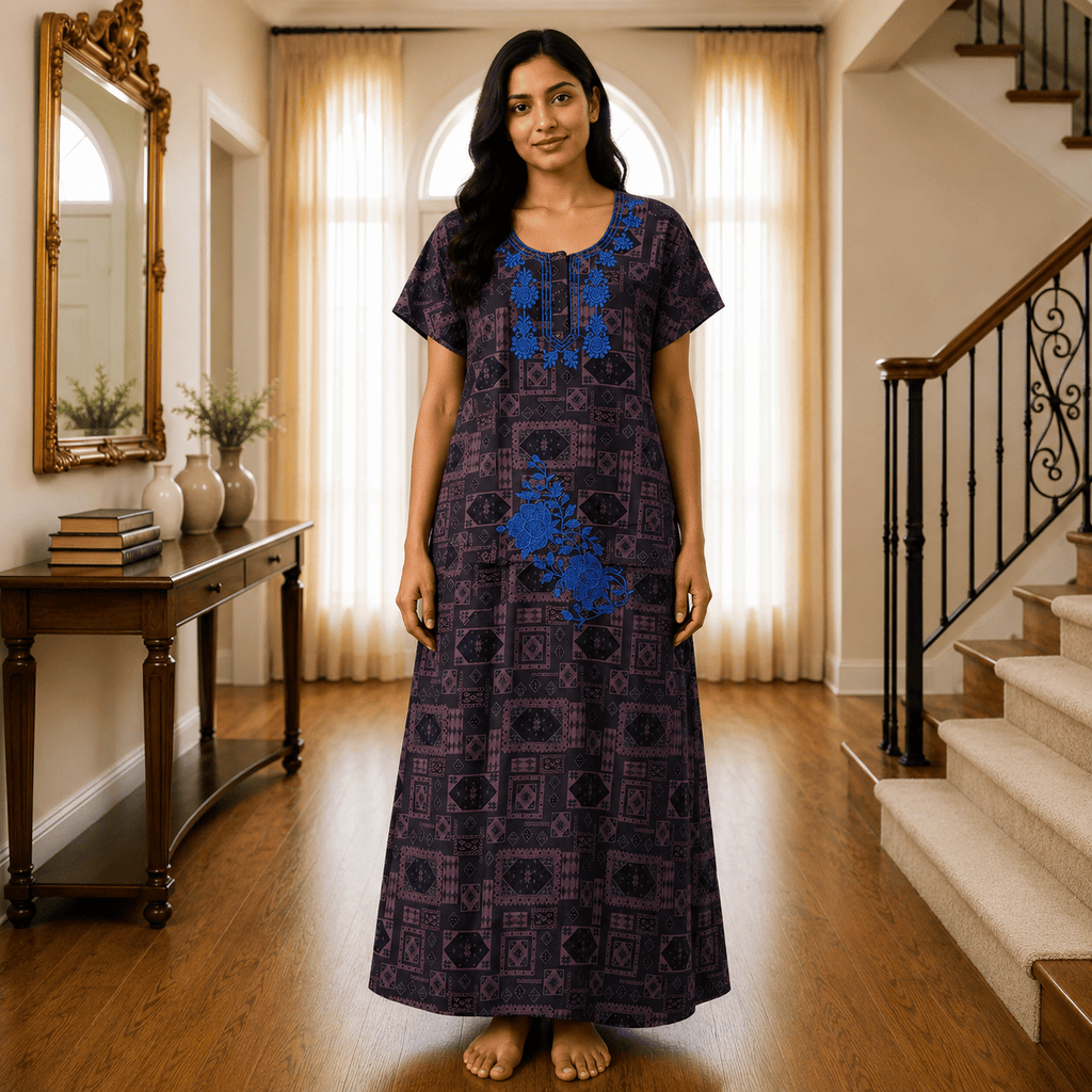 Veni's Rayon Floral Embroidered Front Zip Nighty for Women – Soft & Comfortable XXL Sleepwear XXL OneZeros