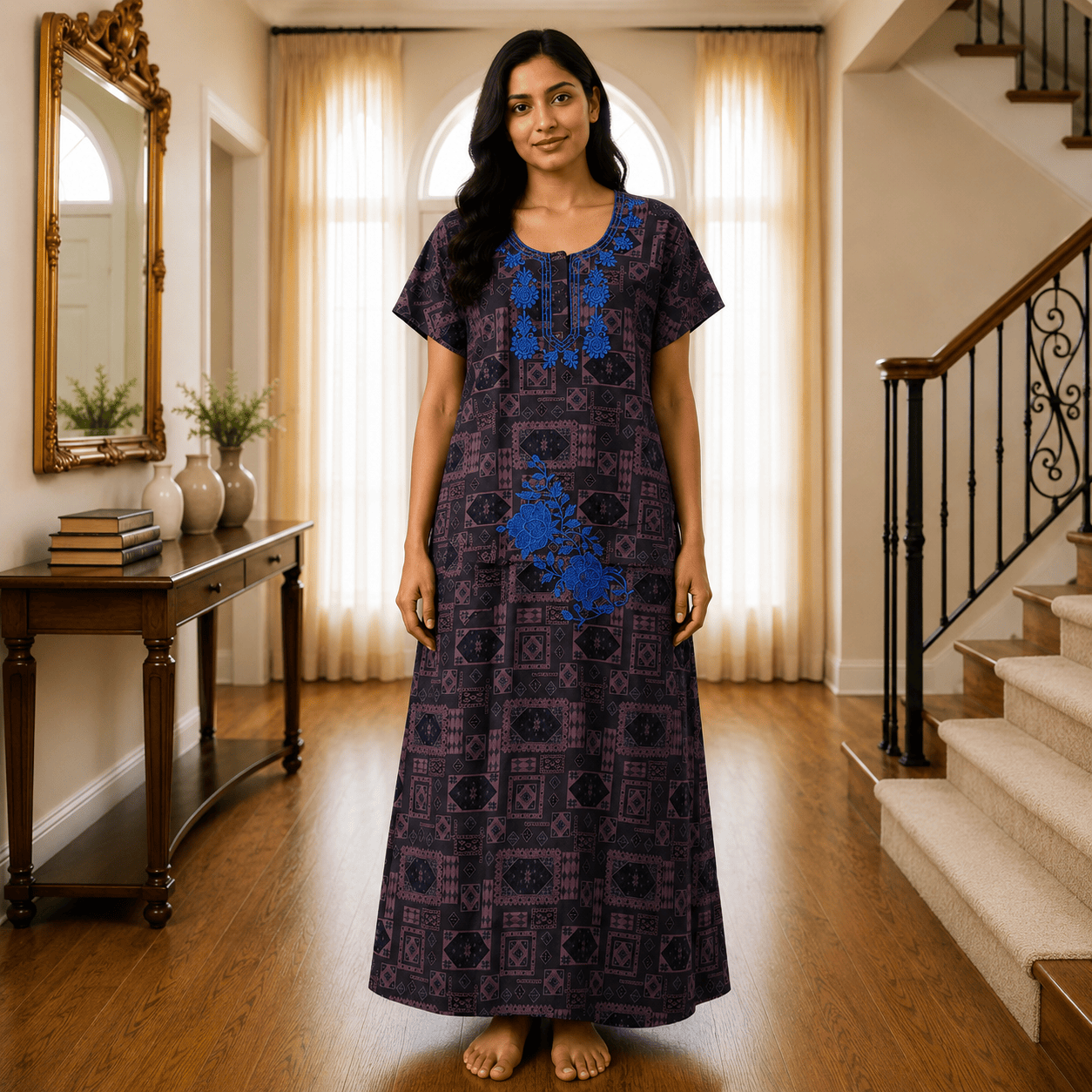 Veni's Rayon Floral Embroidered Front Zip Nighty for Women – Soft & Comfortable XXL Sleepwear XXL OneZeros