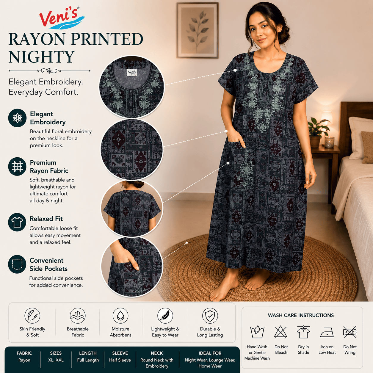 Veni's Rayon Printed Nighty with Elegant Embroidered Neckline – Soft & Comfortable Women's Night Gown XXL OneZeros