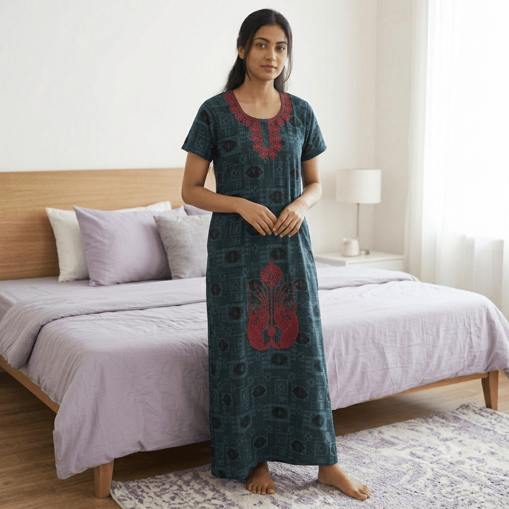 Veni's Rayon Printed Nighty with Floral Embroidery – Soft & Comfortable Women's Night Gown XXL OneZeros
