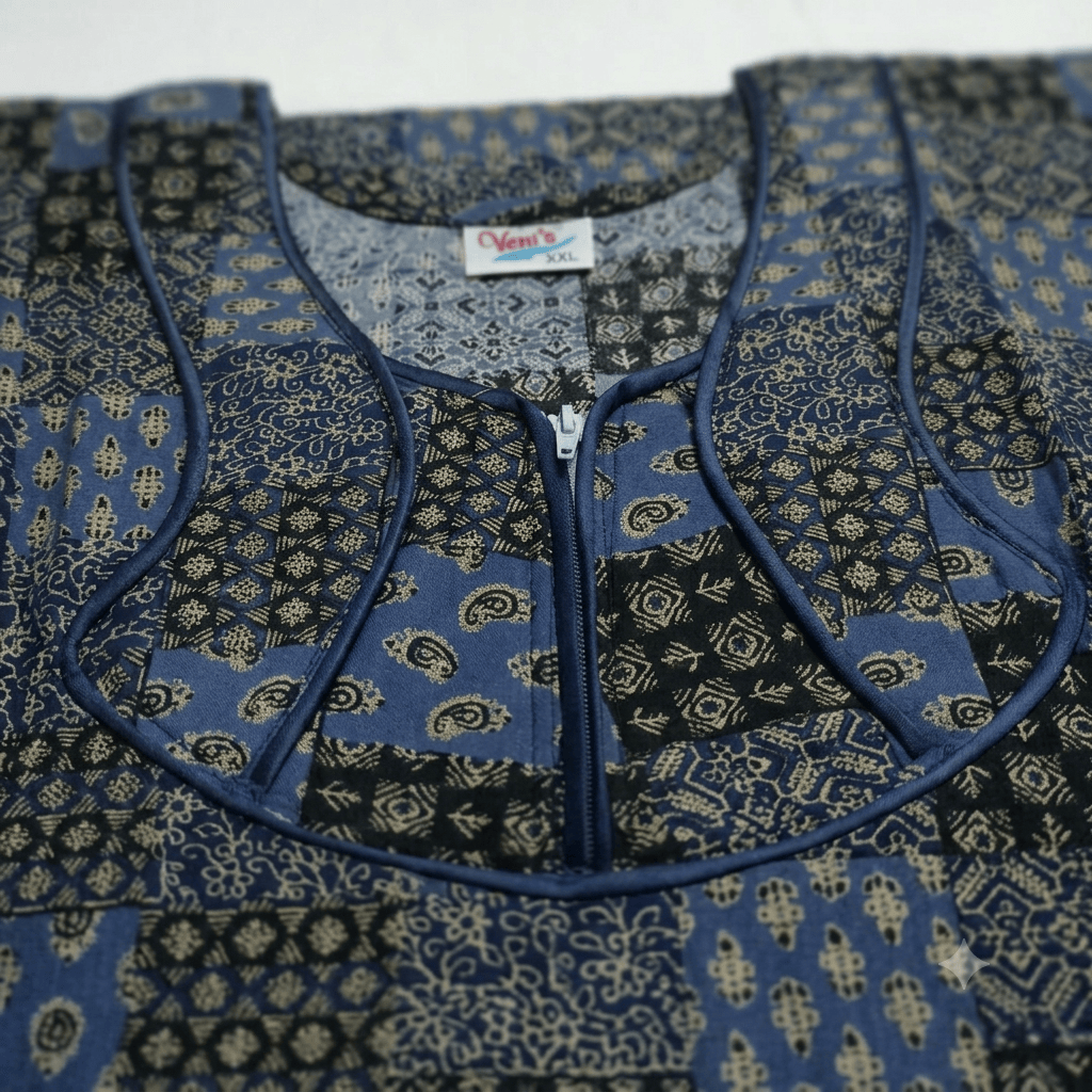 Veni's Women's Cotton Front Zip Printed Nighty – Blue & Black Patchwork Design | XL & XXL OneZeros