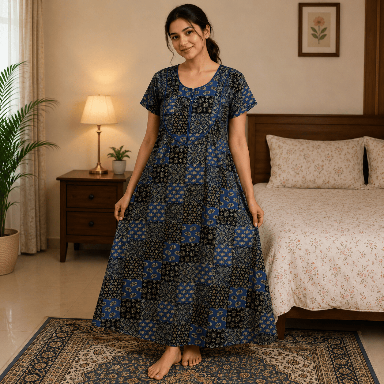 Veni's Women's Cotton Front Zip Printed Nighty – Blue & Black Patchwork Design | XL & XXL OneZeros