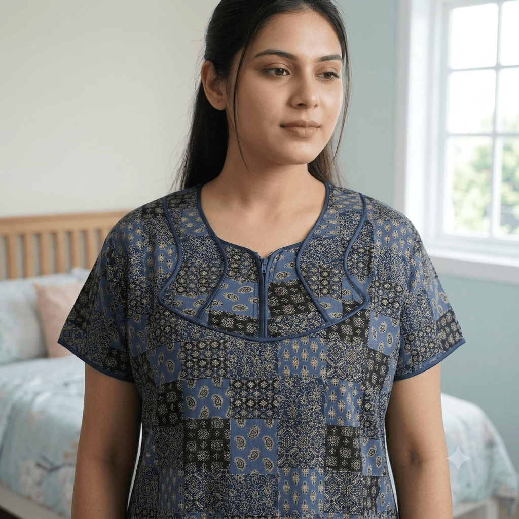 Veni's Women's Cotton Front Zip Printed Nighty – Blue & Black Patchwork Design | XL & XXL OneZeros