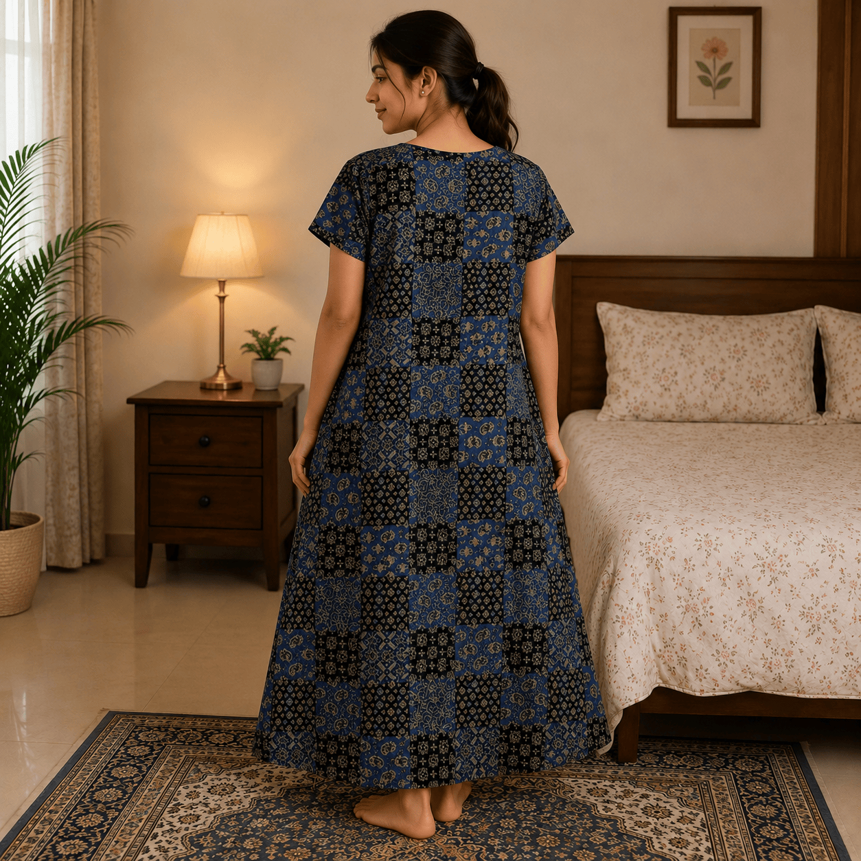 Veni's Women's Cotton Front Zip Printed Nighty – Blue & Black Patchwork Design | XL & XXL OneZeros