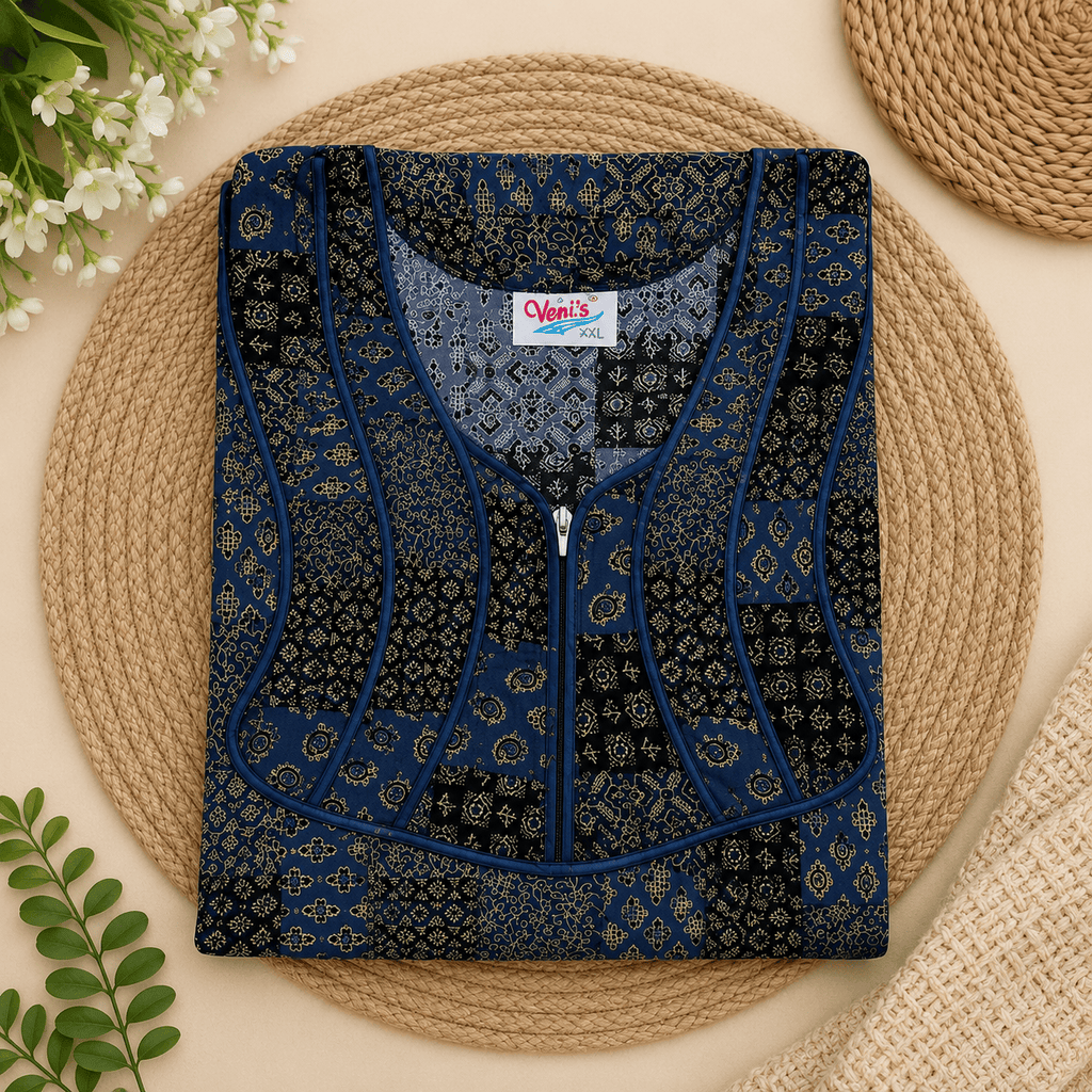 Veni's Women's Cotton Front Zip Printed Nighty – Blue & Black Patchwork Design | XL & XXL XXL OneZeros