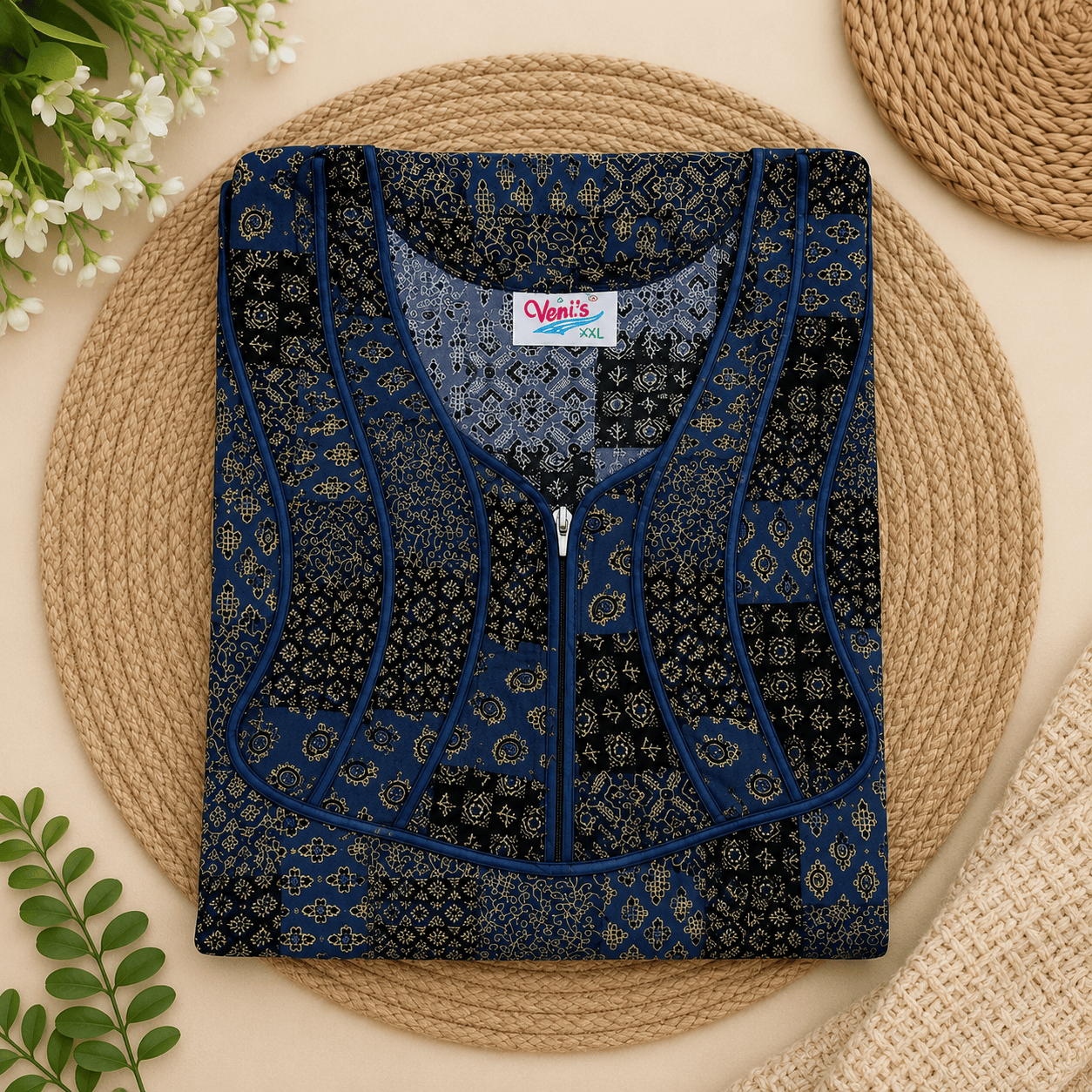 Veni's Women's Cotton Front Zip Printed Nighty – Blue & Black Patchwork Design | XL & XXL XXL OneZeros